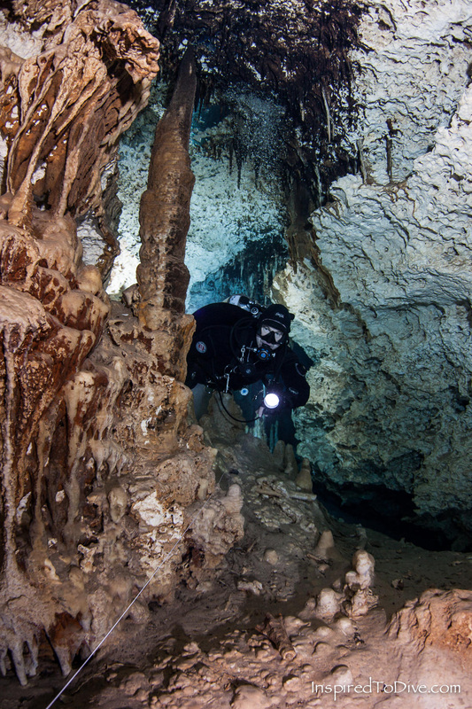 Cave diver in a tunnel in Cenote Naharon in Sistema Ox Bel Ha in Mexico