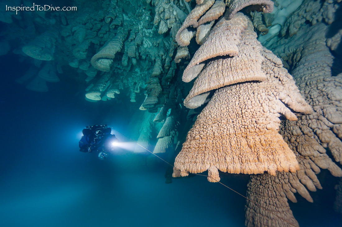Cave diver with Hell's Bells formations in Cenote Zapote in Mexico