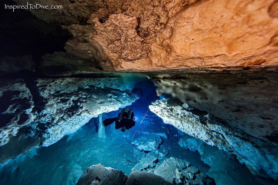 Cave diver in salt water cave in Cenote Mayan Blue in Ox Bel Ha in Mexico