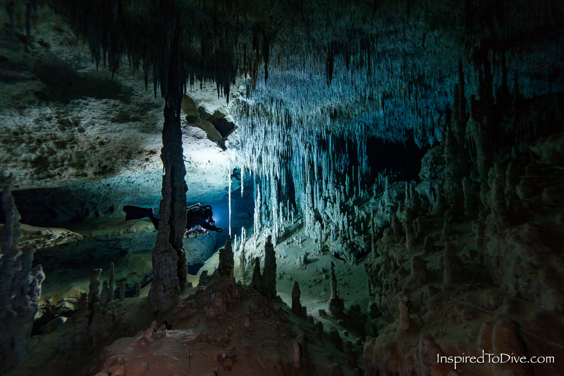 Cave diver in the spectacularly decorated cave extending from Cenote Otoch Ha in Mexico