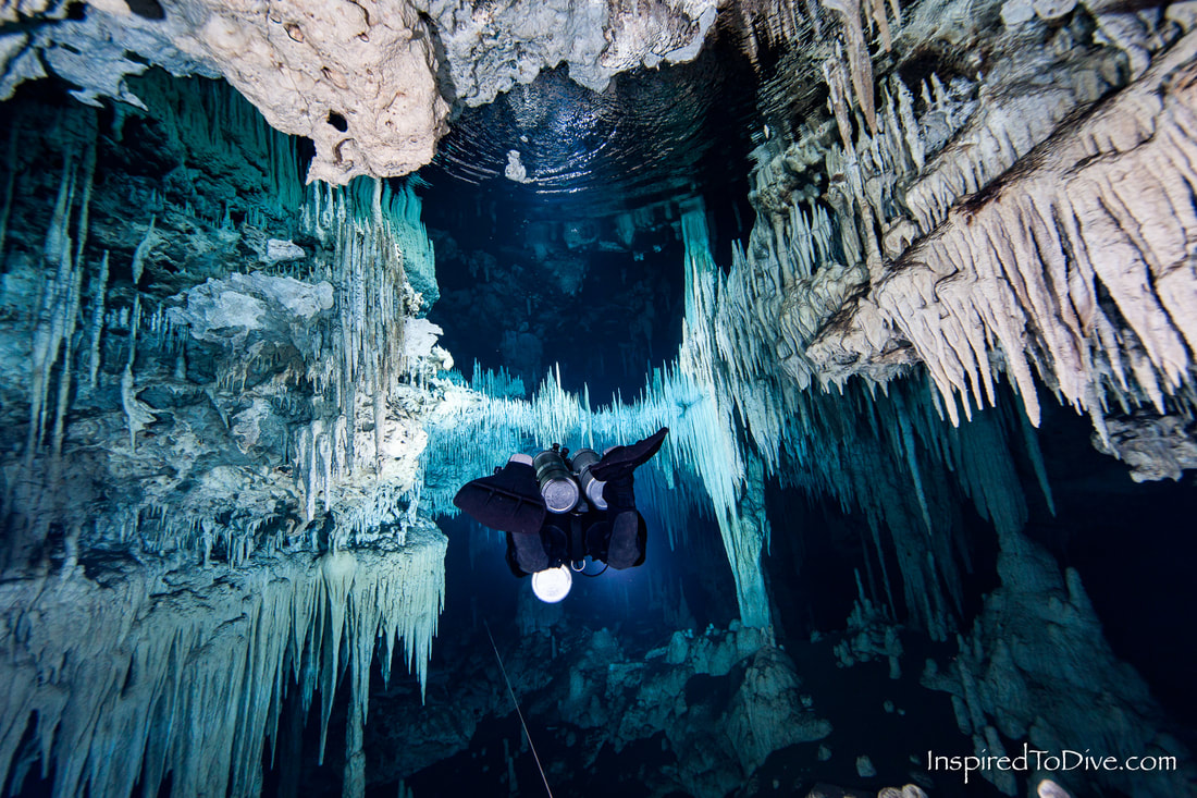 Cave diver downstream from Cenote Nohoch Nah Chich in Mexico
