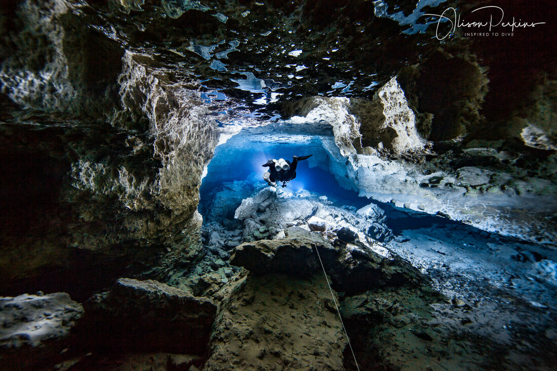 Cave diver Cameron Russo at the A3 intersection in Tank Cave, Mt Gambier, Australia