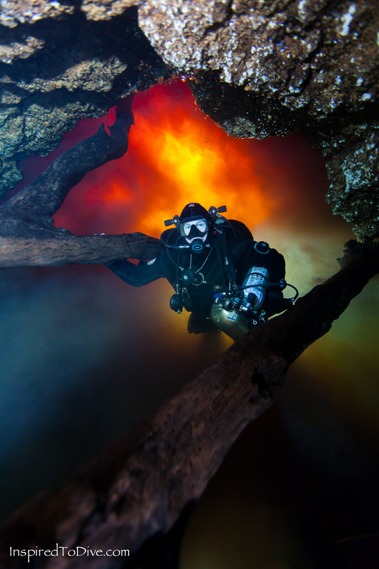Cave diver in the entrance of the Little River cave system in Florida