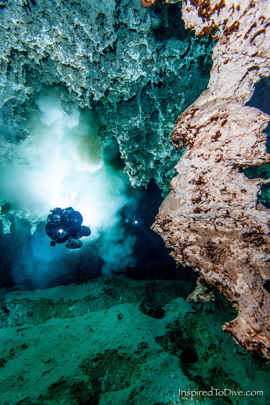 Cave divers experience percolation from the ceiling of a cave in Mexico