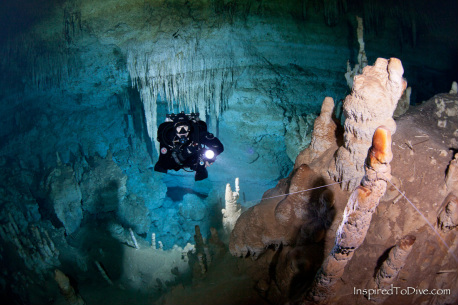 Cave diver in Cenote Chiken Ha in Mexico